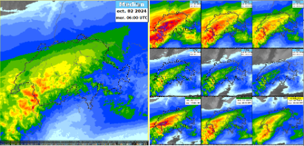 Fig. 4: Mappe della mediana, dei quantili e dei modelli di controllo, calcolati dal modello ICON 2 per la somma delle precipitazioni nelle 24 ore (da martedì 06h a mercoledì 06h). La mediana rappresenta lo scenario più probabile. Possiamo anche vedere cosa suggeriscono gli scenari isolati, ad esempio ICON 2 E ctrl, con precipitazioni estreme intorno al bacino del Lago di Ginevra. Tuttavia, questo scenario non sembra molto probabile.