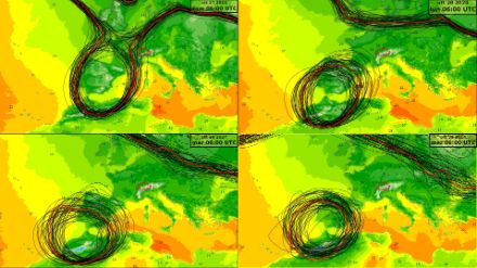 Immagine 2: Spaghetti plot che mostra l'evoluzione della goccia fredda da domenica 27 ottobre a mercoledì 30 ottobre.