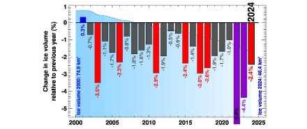 Variazione del volume dei ghiacciai in Svizzera per anno rispetto al volume del ghiaccio dell'anno precedente. I colori rappresentano le perdite moderate (grigio scuro), gravi (rosso) ed estreme (viola). L'anno 2024 è evidenziato. L'area blu sullo sfondo mostra l'andamento del volume totale dei ghiacci nel tempo.