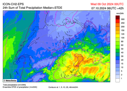 Fig 3: Previsione del modello numerico ICON2E della quantità prevista nella giornata di martedì 8 ottobre 2024. Viene mostrato lo scenario mediano, derivato dai 21 membri del modello.