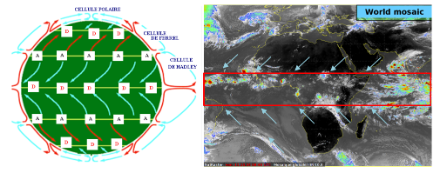 A sinistra: circolazione schematica dell'atmosfera sulla superficie terrestre. Le A rappresentano le zone di subsidenza anticiclonica e sono riflesse nell'immagine satellitare a destra dalle zone scure prive di nubi (a parte gli stratus); le frecce blu che convergono verso l'equatore rappresentano gli alisei. La Zona di Convergenza Intertropicale (ITCZ) è rappresentata dalle D al centro del globo e si riflette nell'immagine a infrarossi con i rovesci e i temporali al centro dell'immagine (quadrato rosso).