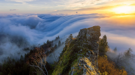 Il mare di nebbia scorre dall'Altopiano Centrale (a destra) sul Giura e poi si getta come un fiume verso Basilea. La turbolenza che si può osservare anche in un fiume dietro un'ostacolo è chiaramente visibile sul bordo sinistro dell'immagine.