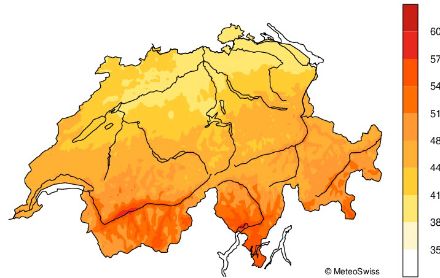 Durata relativa del soleggiamento annuale in % (periodo di riferimento 1991 - 2020)