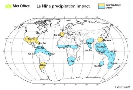 Influenza de La Niña sulle precipitazioni in diverse parti del mondo. Il blu significa più precipitazioni del normale, il giallo meno del normale.