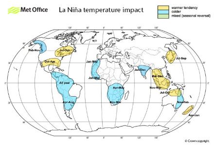 Influenza di La Niña sulle temperature in diverse parti del mondo. Il blu significa più freddo del normale, il giallo più caldo del normale.