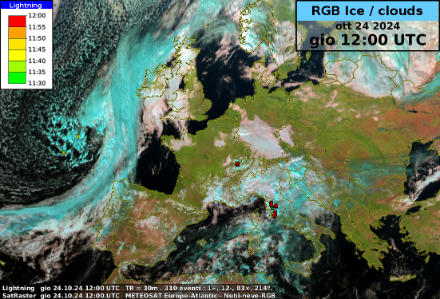 Fig. 4: immagine satellitare in una combinazione di diversi canali, che evidenzia la nuvolosità. È anche rappresentata l’attività elettrica (fulmini): è riconoscibile il temporale sul Giura 