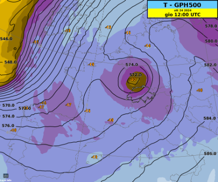 Fig. 2: alla stessa ora, la situazione in quota (superficie 500 hPa, circa 5750 m) si presentava così. Le linee nere indicano il geopotenziale in decametri, in colore la temperatura. È ben riconoscibile la “goccia fredda” che sfiorava la Svizzera settentrionale 