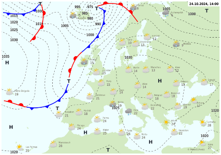 Fig. 1: cartina al suolo di oggi alle 14: l’anticiclone era centrato fra la Polonia e l’Ucraina. I fronti erano ben lontani dall’Europa centrale 