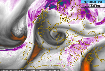 Fig. 3: la goccia fredda, a forma di spirale, spicca particolarmente sull’immagine satellitare nel canale sensibile al vapore acqueo 