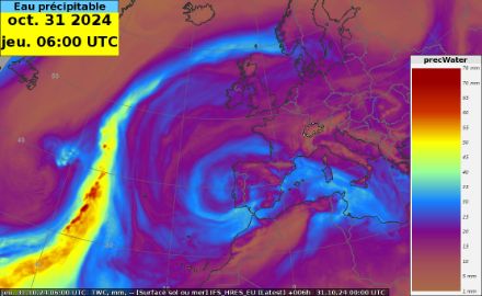 Mappa dell'acqua precipitabile per giovedì 31 ottobre 2024 alle 06:00 UTC. L'acqua precipitabile mostra la quantità di acqua che potrebbe teoricamente precipitare (in mm). Modello IFS (High Res).