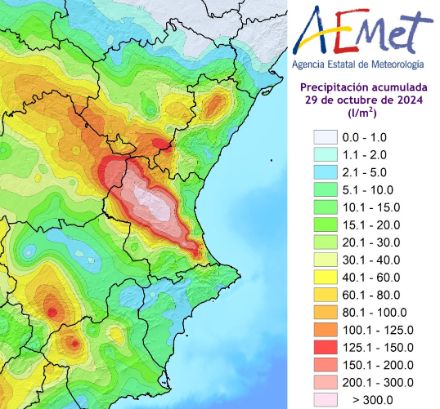 Mappa dei totali delle precipitazioni nella Spagna orientale il 29 ottobre 2024.