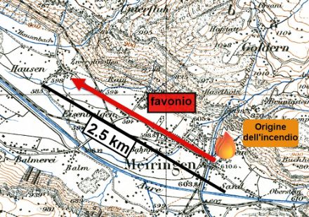 Il villaggio di Meiringen e i villaggi vicini al momento dell'incendio. L'origine dell'incendio era a Stein, ma il forte favonio ha portato le braci fino a Hausen, a 2,5 chilometri di distanza.
