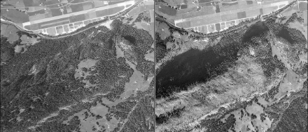Il 7 e 8 novembre 1962, l'Oberland bernese fu colpito da una delle peggiori tempeste di Föhn a memoria d'uomo. Vaste aree forestali a sud di Saanen furono completamente distrutte. L'immagine a sinistra mostra il paesaggio prima della tempesta di Föhn, quella a destra dopo la tempesta di Föhn.