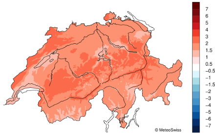 Mappa della Svizzera che mostra la distribuzione delle temperature nell'ottobre 2024.
