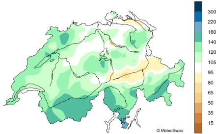 Mappa della Svizzera che mostra la distribuzione delle precipitazioni nell'ottobre 2024.