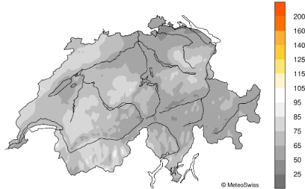 Mappa della Svizzera che mostra la distribuzione della durata del sole nell'ottobre 2024.