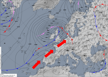 Analisi meteorologica al suolo del Deutschen Wetterdienstes (DWD) del 24.11.2024 alle ore 07.00. 