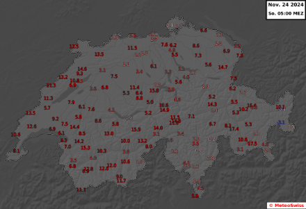 Variazione della temperatura in 24 ore, fra sabato 23.11.2024 ore 05.00 e domenica mattina alla medesima ora. Fonte: MeteoSvizzera