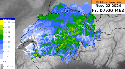 Previsione di neve fresca entro le 7 di venerdì mattina dal modello OSHD. Per le Alpi centrali e orientali e il versante meridionale delle Alpi, le quantità di neve fresca previste sono probabilmente sovrastimate.