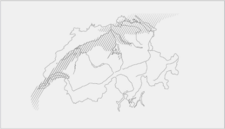 Fig. 2: In tratteggiato l'estensione tipica dello strato di nebbia a Nord delle Alpi con un limite superiore attorno ai 600 m slm. 