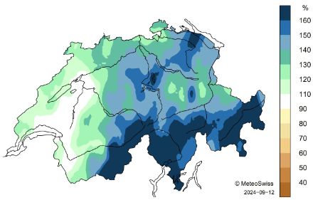 Fig. 5:  Distribuzione spaziale dei totali delle precipitazioni della primavera del 2024, indicata in percentuale della norma 1991-2020.