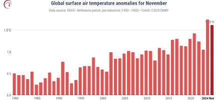 Grafico a barre della temperatura media globale di novembre.