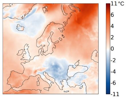 Mappa dell'Europa che mostra la distribuzione spaziale delle temperature nel novembre 2024.