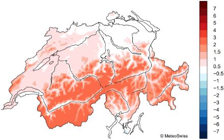 Mappa della Svizzera che mostra la distribuzione della temperatura media del novembre 2024 (in modo esteso superiore alla media).