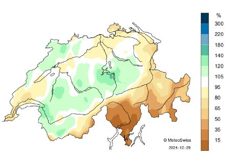 Fig. 4: Distribuzione spaziale dei totali delle precipitazioni nel mese di dicembre 2024, indicata in % della norma 1991-2020 per il periodo dal giorno 1 al giorno 29.