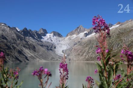 Vista del ghiacciaio dell'Oberaar, in gran parte scomparso. Sulla destra l'Oberaarhorn, alto 3631 m, il 9 settembre 2024.