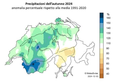 Fig. 2: Totale di precipitazione dell’autunno 2024 in Svizzera, rappresentato come anomalia rispetto alla norma 1991-2020.
