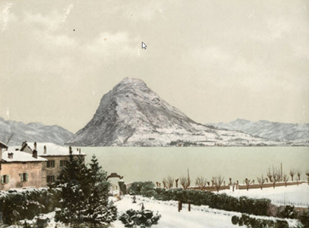 Lugano sotto la neve - attorno al 1880 (cromolitografia). Fonte: Archivio storico della Città di Lugano. 