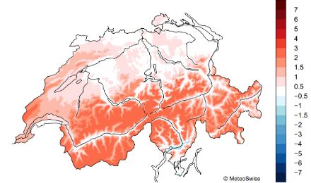 Fig. 2: Distribuzione spaziale dell’anomalia della temperatura media mensile di novembre 2024 rispetto alla norma 1991-2020. 