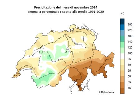 Fig. 4: Totale delle precipitazioni di novembre 2024, rappresentato come percentuale della norma 1991-2020. 
