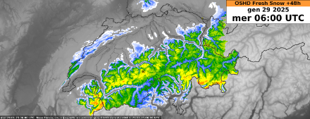 Previsione della neve fresca per le prossime 48 ore dal modello OSHD dell'SLF.
