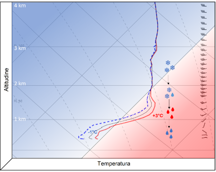 Sondaggio in previsione per un punto nell'Altopiano centrale il 5 gennaio 2025 all'1 del mattino. La linea rossa mostra la temperatura, il tratteggio blu il punto di rugiada. A destra, il forte vento da ovest-sudovest può essere notato alle quote più alte (barbule). La composizione delle precipitazioni è rappresentata alle diverse altezze con simboli.