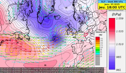 Mappa della pressione ridotta al livello del mare e del vento a 300 hPa (circa 9000 m) previsti per giovedì 23 gennaio 2025. Modello IFS.