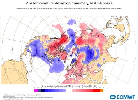 Mappa dell'anomalia di temperatura a 2 m prevista per venerdì 24 gennaio 2025. Modello IFS.