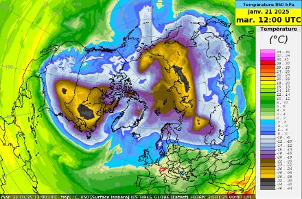 Mappa della temperatura a 850 hPA (circa 1500 m slm) di martedì 21 gennaio 2025.