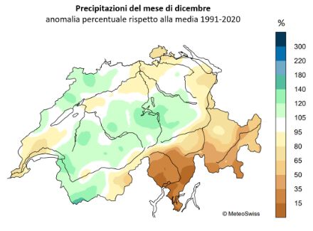 Figura 4: Totale delle precipitazioni di dicembre 2024, rappresentato come percentuale della norma 1991-2020. 