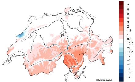 Fig. 2: Distribuzione spaziale dell’anomalia della temperatura media mensile di dicembre 2024 rispetto alla norma 1991-2020. 