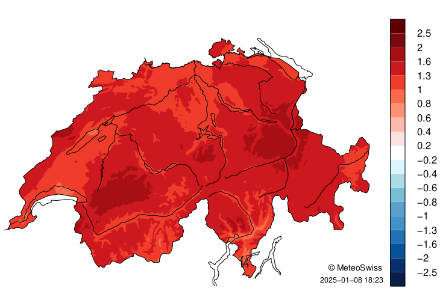 Mappa della Svizzera che mostra la distribuzione della temperatura nel 2024.