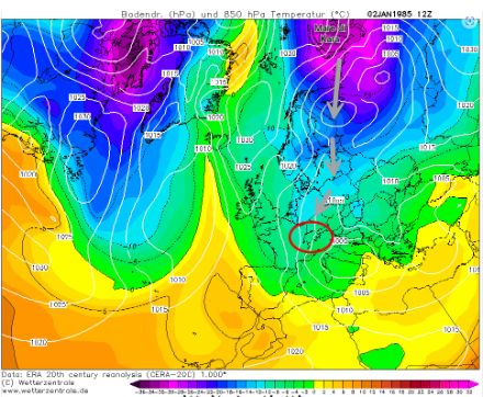 Mappa della distribuzione della temperatura a 1500 metri sull'Europa.