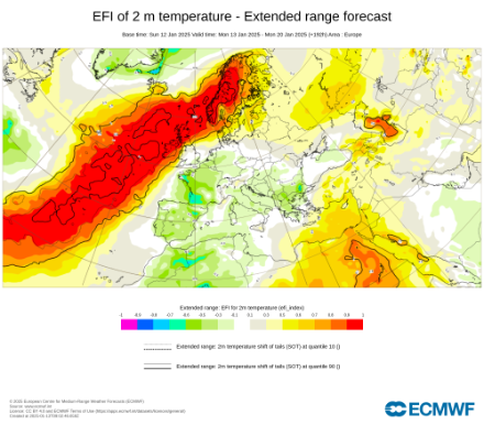 Extreme-Forecast-Index (EFI) dell'ECMWF per la temperatura a 2m nella settimana dal 13.01. al 19.01.2025. Fonte: ECMWF