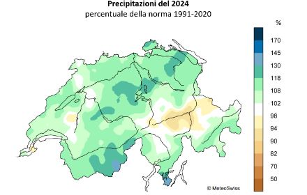 Fig. 5: Distribuzione delle precipitazioni totali del 2024, rappresentata come percentuale della norma 1991-2020. 