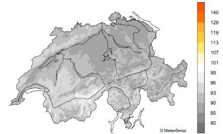Fig. 6: Soleggiamento del 2024 in Svizzera, rappresentato come percentuale della norma 1991-2020. 