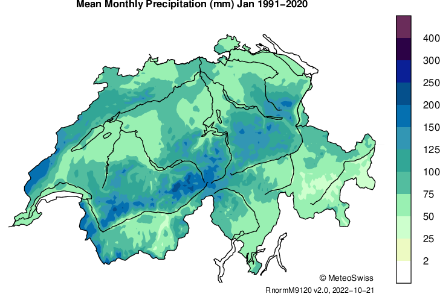 Carta della Svizzera con le precipitazioni medie del mese di gennaio.