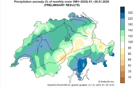 Mappa dell'anomalia delle precipitazioni in Svizzera fino al 28 gennaio 2025.