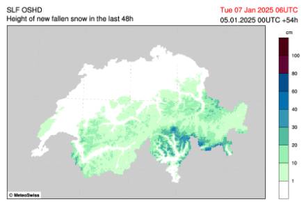 Fig. 2: Neve nuova, prevista dal modello SLF OSDH entro martedì mattina  