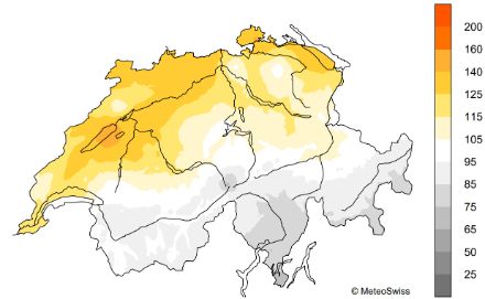 Figura 6: Soleggiamento totale del mese di gennaio 2025 in Svizzera, rappresentato come percentuale della norma 1991-2020. 